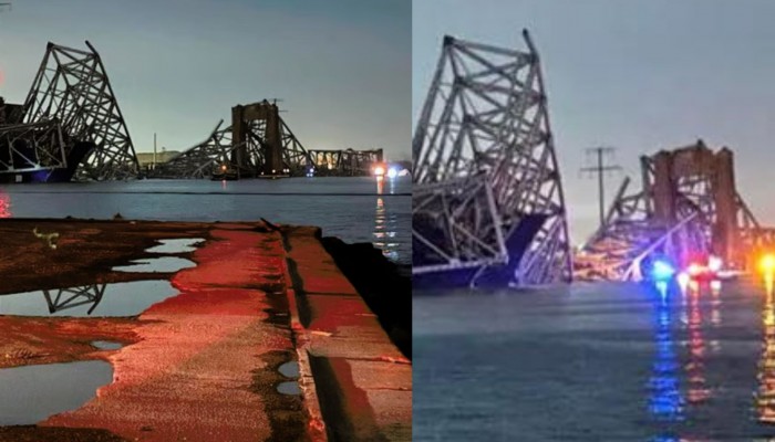 জাহাজের আঘাতে মার্কিন সেতু ভেঙে নদীতে